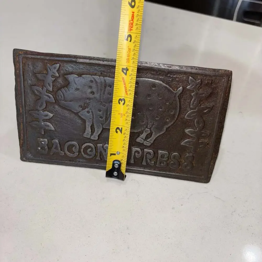Vintage Cast Iron Bacon Press with Wooden Handle and Pig Design
